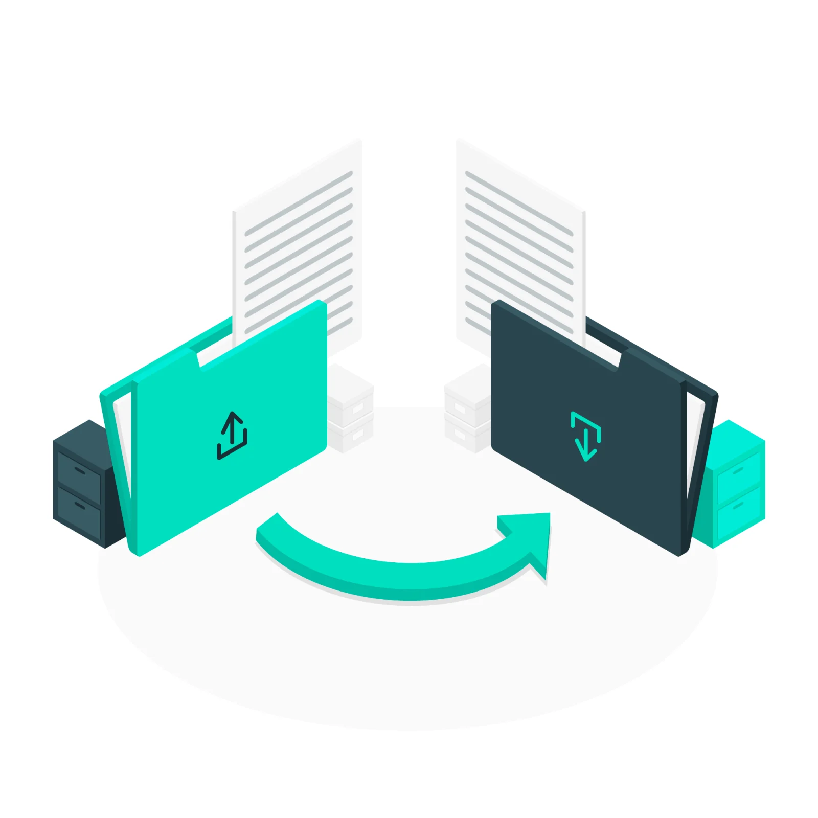 Illustration of documents moving from one folder to another along a curved arrow