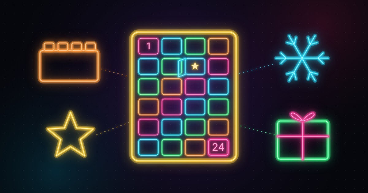 Neon drawing of an advent calendar with 24 doors, one of them open with a star inside, and a toy brick, a star, a snowflake and a present around it