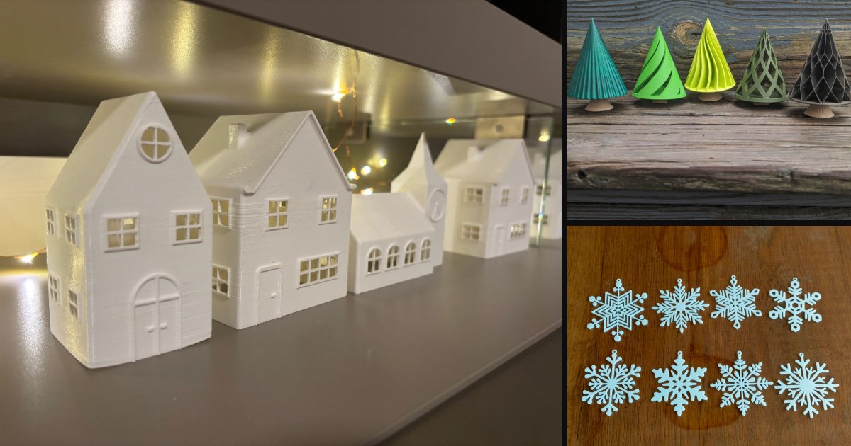 Three 3D-printed Christmas decorations: white printed houses lit by fairy lights, five printed Christmas trees on a wooden shelf, and eight white printed snowflakes