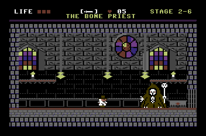 A robed skeleton with a staff rises beneath stained-glass windows.