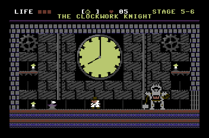An armoured clockwork knight before a huge clock face.