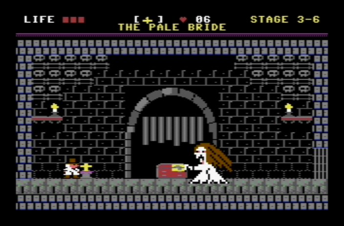 The Pale Bride, in white with long hair, faces Van Helsing across a crypt with shelves of skulls and a barred archway.
