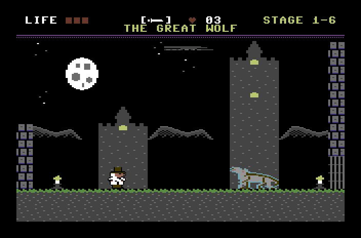 A grey wolf crouches in a moonlit churchyard as Van Helsing approaches.