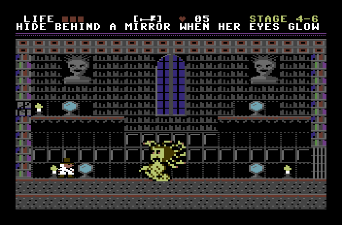 A snake-haired Gorgon in a library hall lined with busts and mirrors.