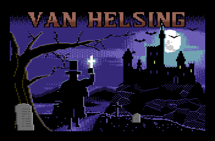C64 loading screen: Van Helsing in silhouette, cross raised, before Castle Dracula and a full moon.