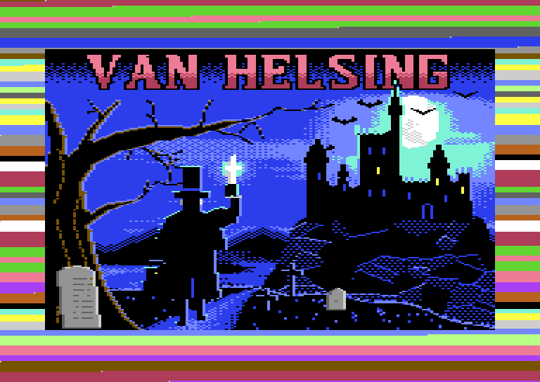 The Van Helsing loading picture framed by a border of flashing coloured stripes.
