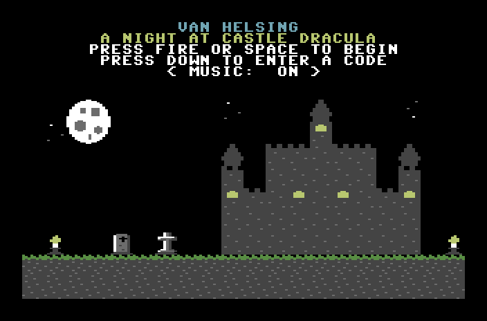 C64 title screen reading VAN HELSING, A NIGHT AT CASTLE DRACULA, above a moonlit castle.